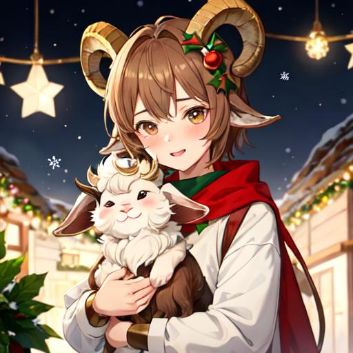 Prompt: Goat boy with light brown hair and non-binary goat, Christmas, cute, blushing