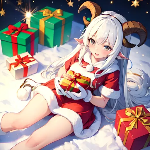 Prompt: goat girl opening christmas presents