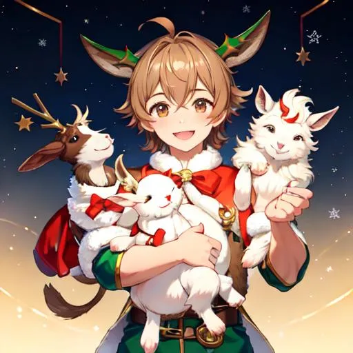 Prompt: Goat boy with light brown hair, Christmas, smile