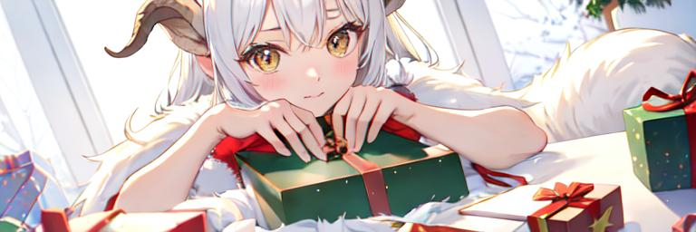 Prompt: goat girl opening christmas presents