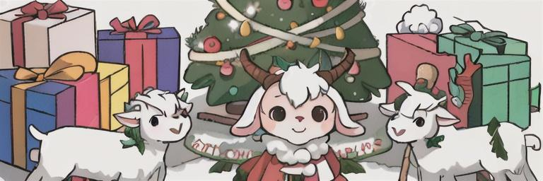 Prompt: goat opening presents on christmas