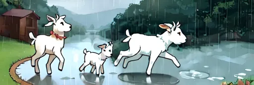 Prompt: goats jumping in rain puddles 