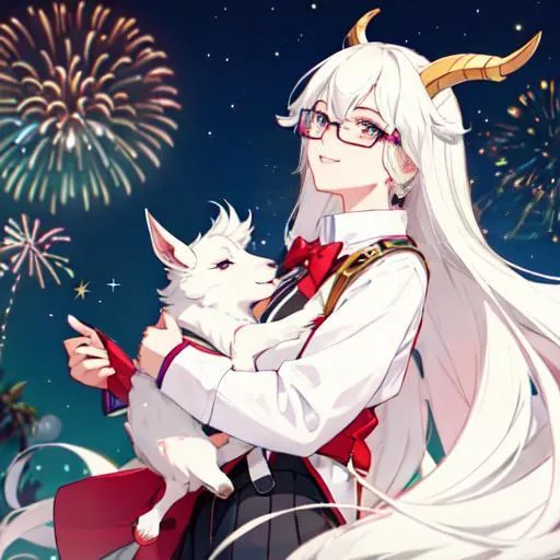 Prompt: non binary goat person with glasses watching fireworks