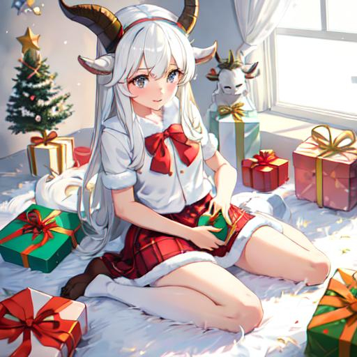 Prompt: goat girl opening christmas presents