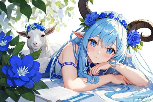 Prompt: goat with blue flower crown