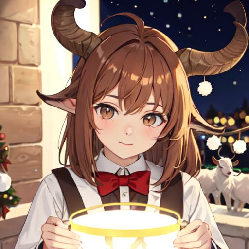 Prompt: goat boy christmas light brown hair