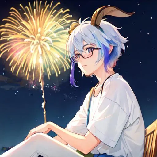 Prompt: Watercolor painting of a non-binary goat person with glasses watching fireworks