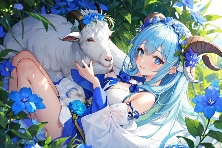 Prompt: goat with blue flower crown