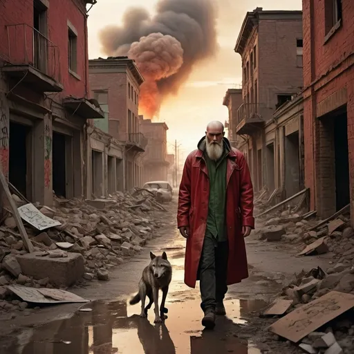 Prompt: the clouds of dust flying. A strong wind blows the dust, eroding their image. Red leather raincoat Bearded, bald mountain man with green, kind eyes, expressing the feeling of being a stranger in his own town, accompanied by a loyal gray wolf, exploring the war-torn ruins of an old city, evoking sadness and the end of civilization, sunset casting dramatic lighting on the burning buildings behind, rats running around puddles, walls adorned with graffiti, broken bottles, and scattered papers, a lone skull visible on the ground, incredibly intricate ultra-detailed 3D effect Full HD, golden ratio, volumetric modeling, spotlight embroidery, accents, intense gaze, digital painting film light, the saddest night,
