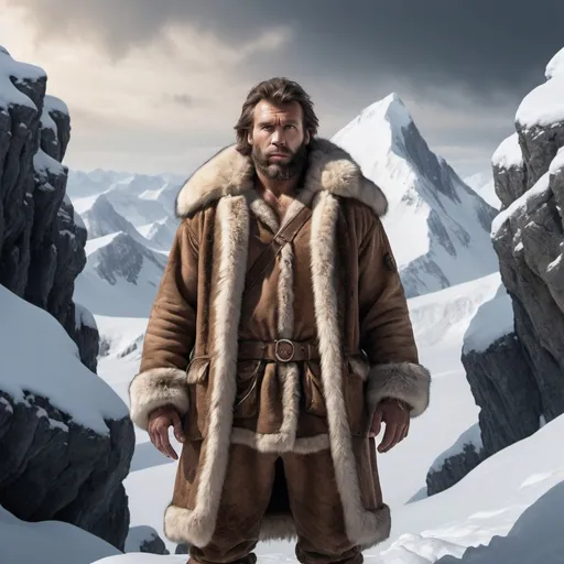 Prompt: an image of a man in a fur coat on top of a snow covered mountain, a detailed matte painting, male polar explorer, combat and adventure photography, matte painting portrait shot, neanderthal people, hunter alone in the wilderness, wearing cave man clothes