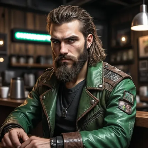 Prompt: cyberpunk style, bearded mountain man in coffee shop, highly detailed, HD, dark background, green and brown leather jacket, 