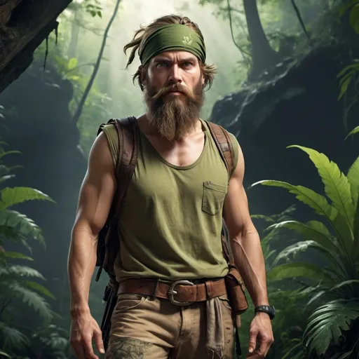 Prompt: Walker Bearded mountain man stand up , with Camouflage pants, and green t-shirt, a pirate-style headdress   bandana on his head, loving and kind attitude., 3D effect ultra-detailed intricate insanely full HD, full body, ultra realistic,, golden ratio, volumetric modeling, spotlight embroidery, accents, photorealistic digital painting cinematic film light, expressive eyes, , wide-angle shot, portrait, low-angle shot, photorealism, traveling in jungle , adventure, wide-angle shot, panoramic shot, lens flare, b-horror film screencap, epic fantasy, over-the-shoulder shot, night, crouching, 