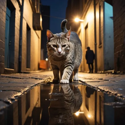 Prompt: A cat walker in a night alley city, puddle reflect his face, 