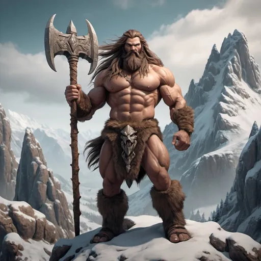 Prompt:  a man with long hair and beard standing on top of a mountain, zbrush central contest winner, muscular druid, fur-clad barbarian goliath, barbarian class, picture of an adult male warrior, barbarian, muscular figure