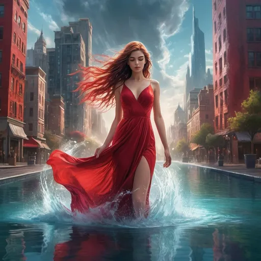 Prompt: a woman in a red dress standing in a pool of water with her hair blowing in the wind and a city in the background, Anne Stokes, fantasy art, comic cover art, a matte painting