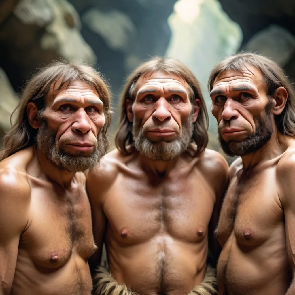 Prompt: Neanderthal people with fool face 