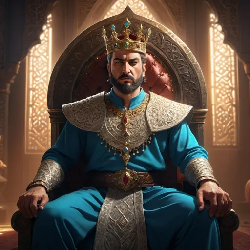 Prompt: a man sitting on a throne with a sword in his hand and a crown on his head, with a light shining above him, Altoon Sultan, hurufiyya, epic fantasy character art, a character portrait