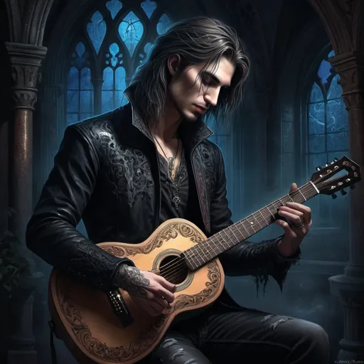 Prompt: a man with a guitar and a picture of a man with a guitar in his hands and a picture of a man with a guitar, Anne Stokes, gothic art, adobe photoshop, computer graphics