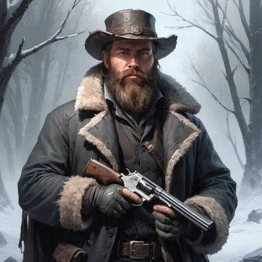 Prompt: a man in a winter scene with a beard and a bearded hat, holding a gun in his hand, Aleksi Briclot, fantasy art, epic fantasy character art, a character portrait