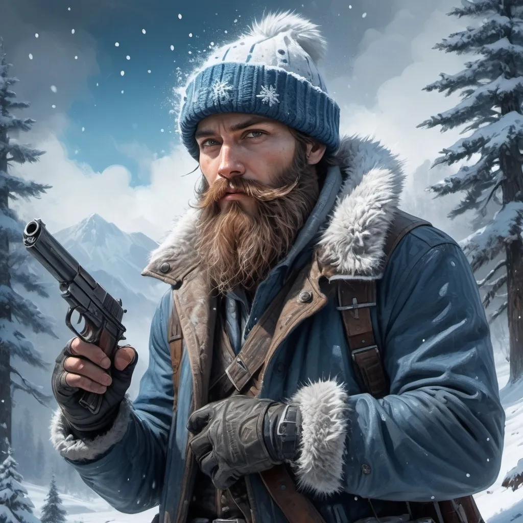 Prompt: a man in a winter scene with a beard and a bearded hat, holding a gun in his hand, Aleksi Briclot, fantasy art, epic fantasy character art, a character portrait