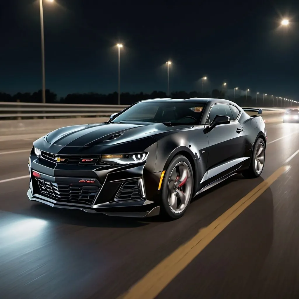 Prompt: Realistic, 2020 camaro in black, racing along highway at night, time lapse streetlights, seen from front and side