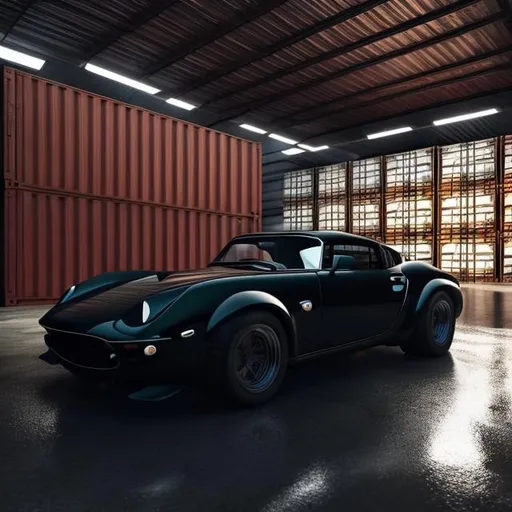 Prompt: Ultra realistic cinematic photo, medium angle, 16:9, rule of thirds composition.   The viewer is standing in a dark Warehouse filled with large shipping containers. A single containers open and lit from the inside. We see a classic sports car inside the container.  The pristine restored car glows as if lit by a Spotlight.   Thick steam rises from the car.  The room is hot and wet.  There are puddles of water on the floor.  The car's paint is peeling and ruined