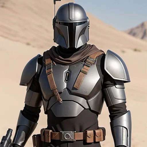 Prompt: "Generate a realistic image of Talon Ordo, a 30-year-old Mandalorian warrior. He stands at 6 feet 2 inches tall and weighs 190 pounds. Talon has short, neatly groomed black hair, dark brown intense and focused eyes, and tanned, weathered skin from years of exposure to harsh environments. He should be depicted without his helmet, wearing traditional Mandalorian armor, and holding his blaster pistols. The image should capture his rugged yet distinguished appearance and confident demeanor."
He does not wear a helmet.
He dual wields blaster pistols