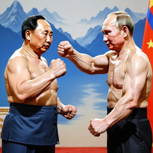 Prompt: mao zedong fist fighting muscular putin