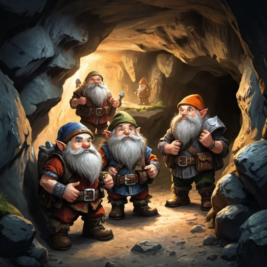 Prompt: the dwarf gang exploring a cave