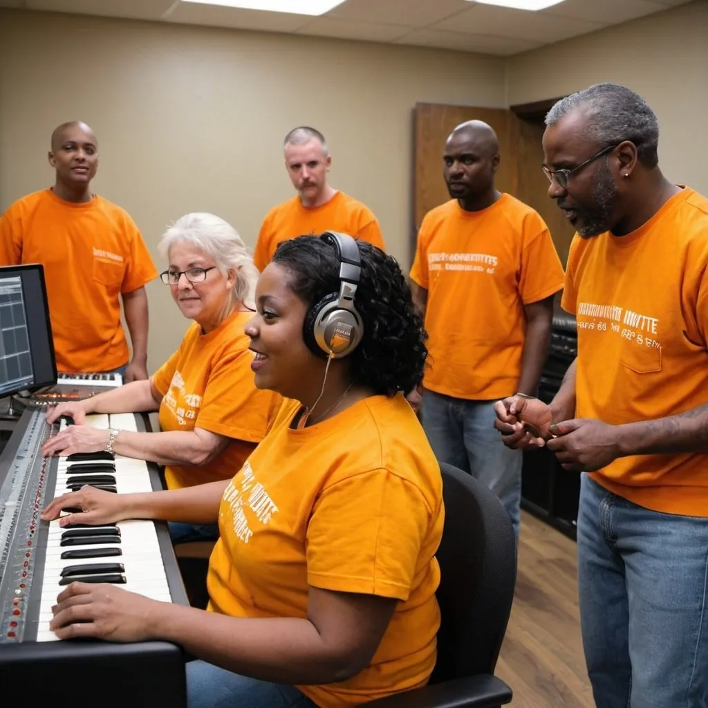 Prompt: Community volunteers wearing yellow shirts and inmates wearing orange working together in recording studio