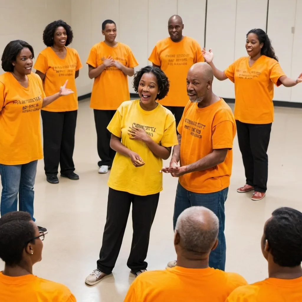 Prompt: Community volunteers wearing yellow shirts and inmates wearing orange rehearsing a play on stage together