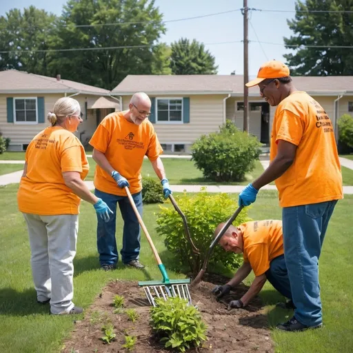 Prompt: Community volunteers wearing yellow shirts and inmates wearing orange doing yard work together residential communities
