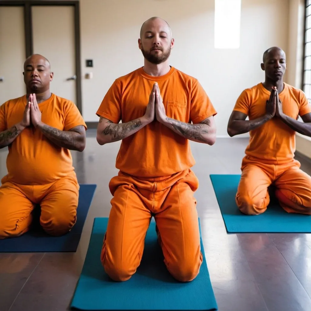 Prompt: Jail inmates wearing orange jumpsuits  participating in online meditation and yoga