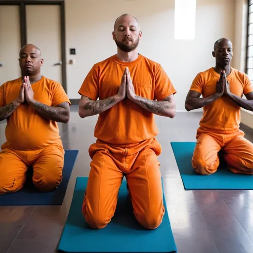 Prompt: Jail inmates wearing orange jumpsuits  participating in online meditation and yoga