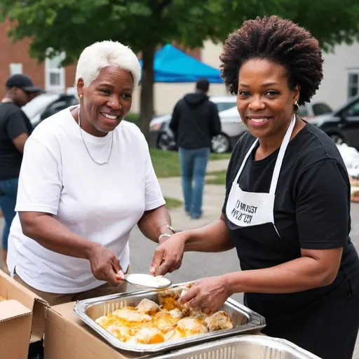 Prompt: White and black church ladies serving homemade food to homeless people in the community