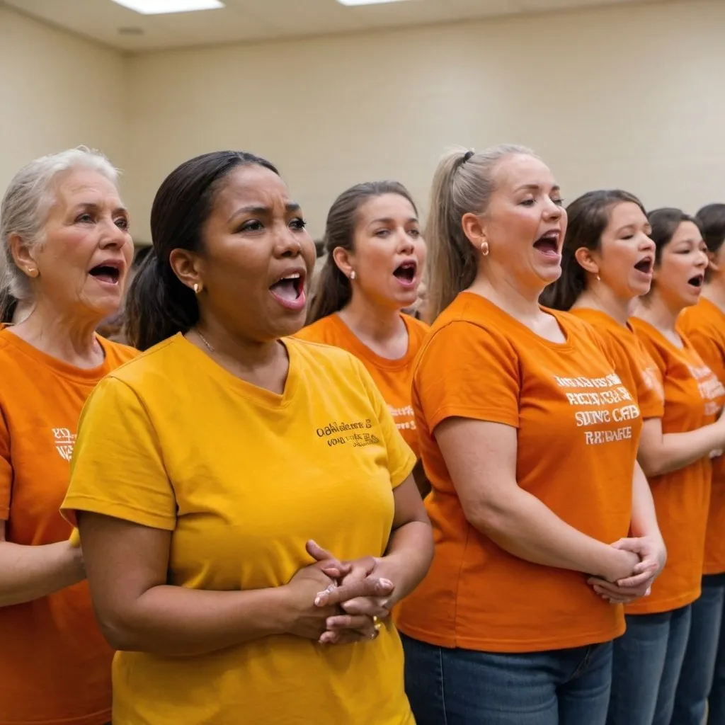 Prompt: Community volunteers wearing yellow shirts and inmates wearing orange rehearsing as a singing choir group