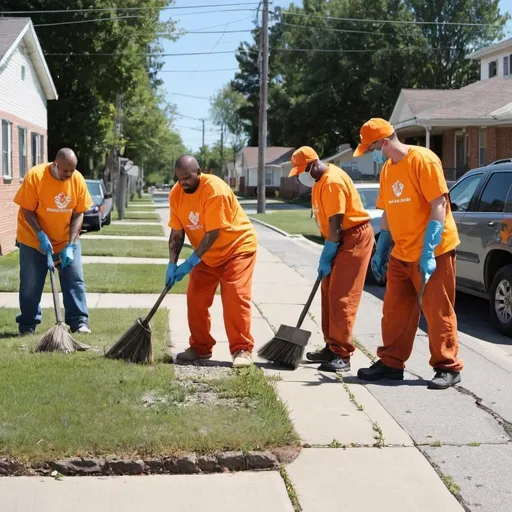 Prompt: Jail inmates wearing orange jumpsuits and community volunteers wearing yellow shirts work together to clean up residential sidewalks