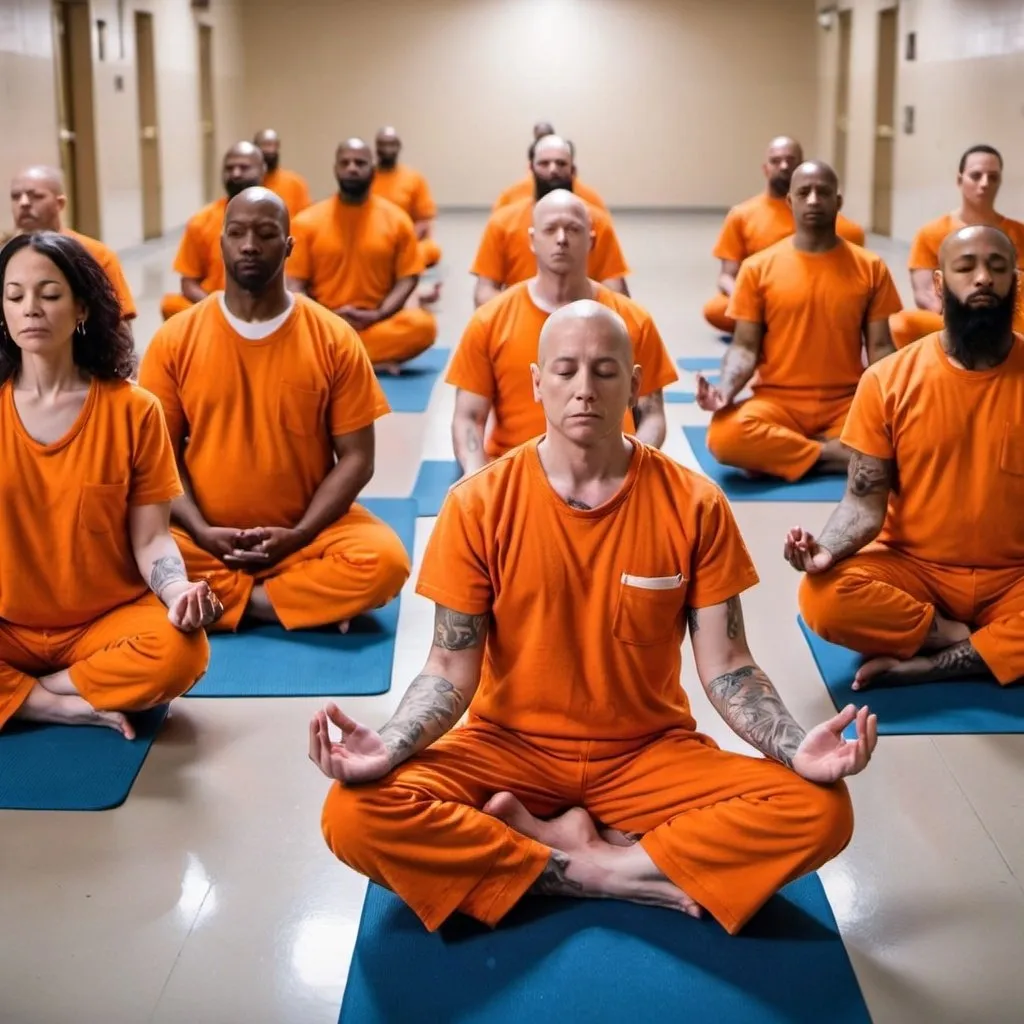 Prompt: Jail inmates wearing orange jumpsuits  participating in online meditation and yoga