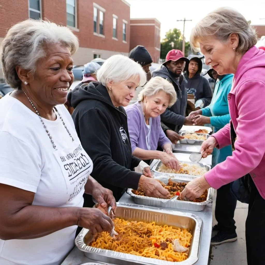 Prompt: Senior white church ladies serving homemade food to a line of homeless people in the community