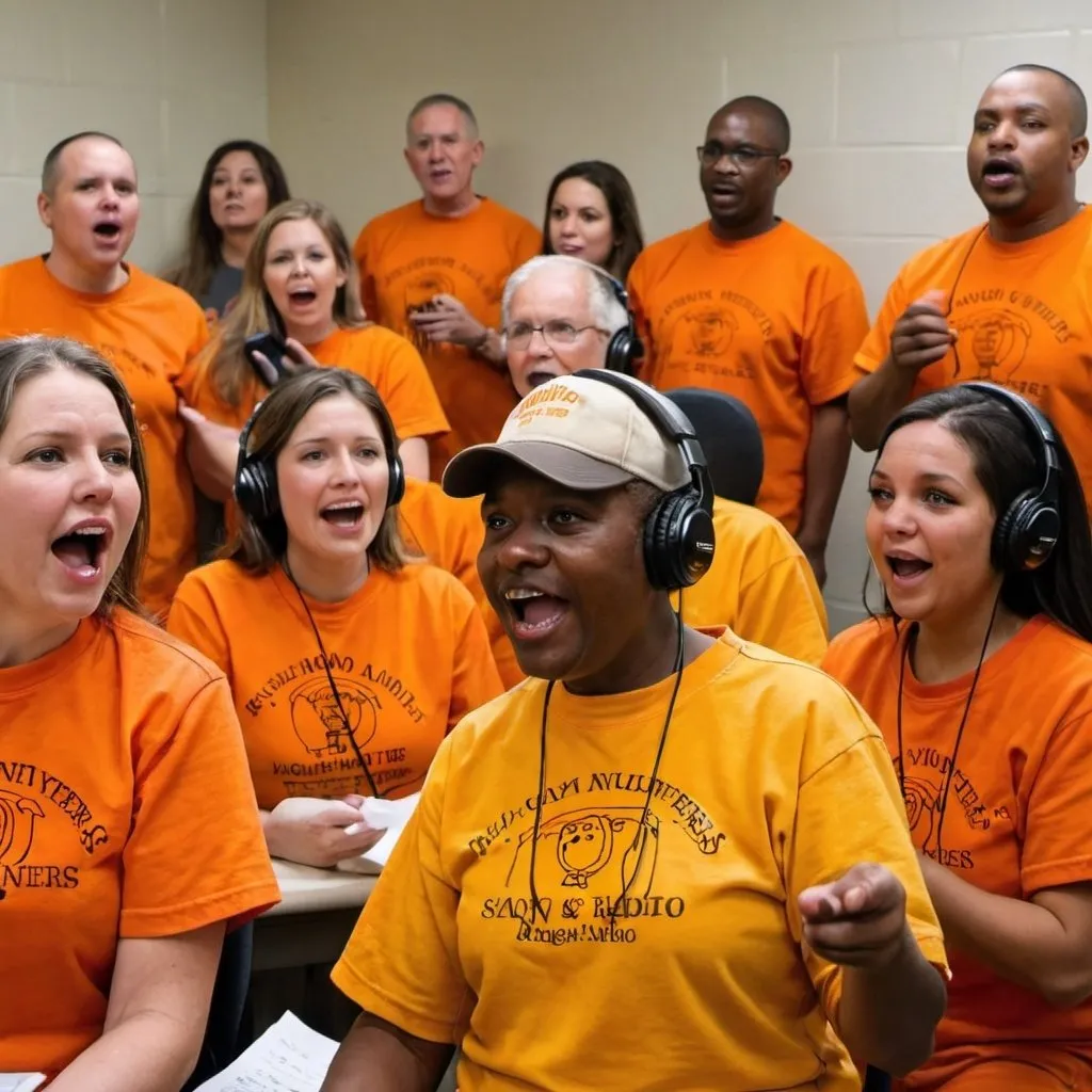 Prompt: Community volunteers wearing yellow shirts and inmates wearing orange singing along the radio