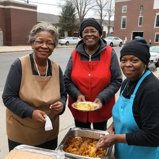 Prompt: Church ladies serving food to homeless people in the community