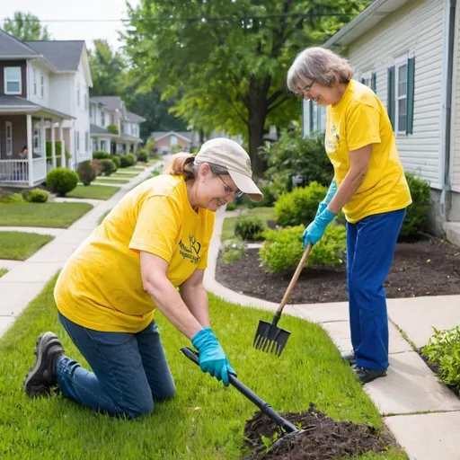 Prompt: Community volunteers wearing yellow shirts doing yard work and residential communities