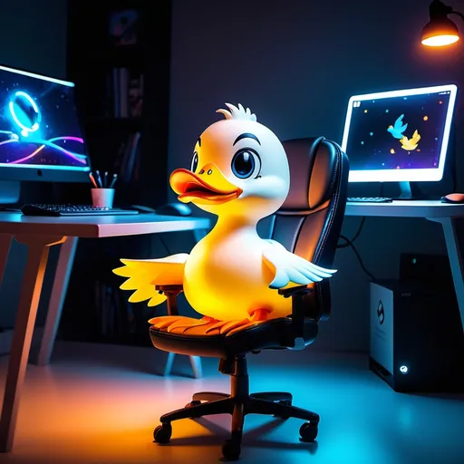 Prompt: a  SUPER 
cute duck thats gaming with Led light on a chair next to a pc backround





