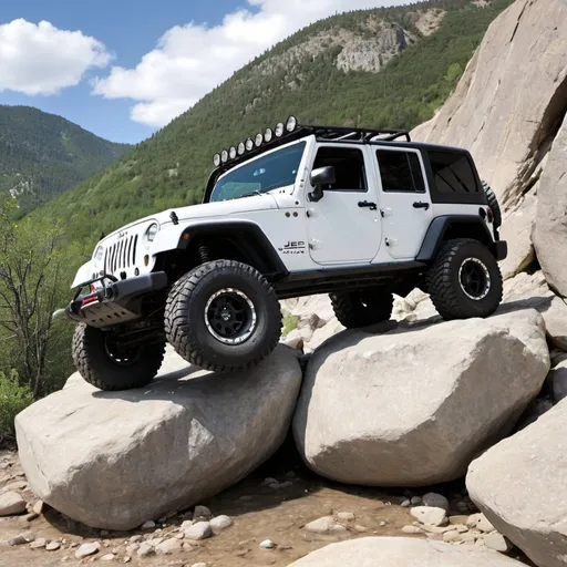 Prompt: White Jeep Wrangler  tipped over on to its roof tiring to crawl a rock wall 