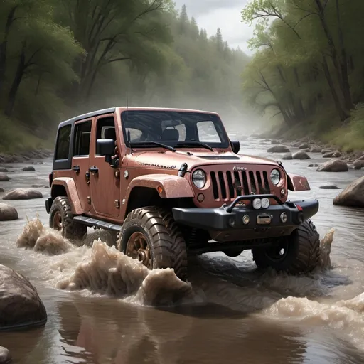 Prompt: Photorealistic image of a cameo-colored Jeep Wrangler, crossing a rugged river, muddy tires struggling, challenging terrain, realistic water splashes, lifelike reflections, fine details, high resolution, photorealism, off-road adventure, challenging conditions, rugged terrain, muddy tires, rough waters, lifelike textures, realistic lighting, realistic atmosphere