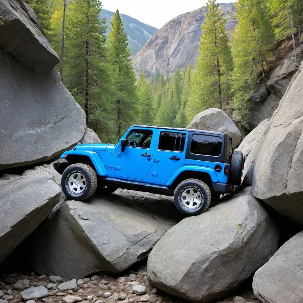 Prompt: Blue Jeep Wrangler That has tipped over on to its roof tiring to crawl a rock wall 