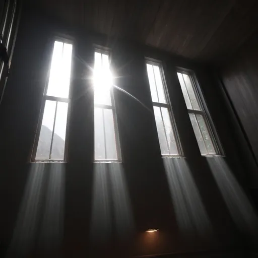 Prompt:  sunbeams streaming through very high up windows in dark room