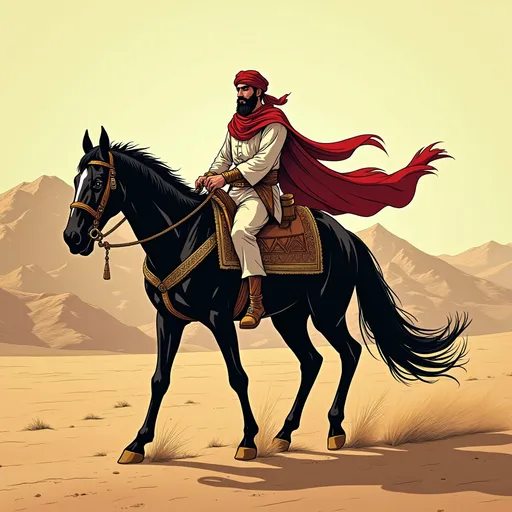 Prompt: a man riding on the back of a black horse in the desert with mountains in the background and a desert landscape, Altoon Sultan, dau-al-set, desert, a comic book panel