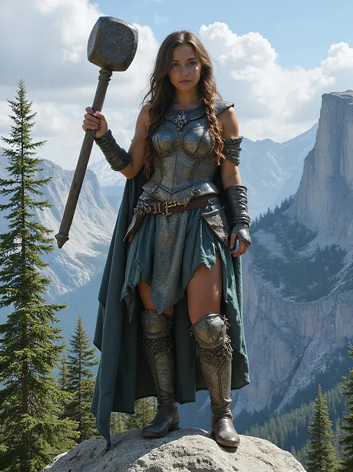 Prompt: A stoic warrior with braided hair the color of earth and skin that resembles polished stone. She wears heavy armor made of crystalline rock, with glowing veins of Aether Crystal running through it. hourglass fit body, curvy figured body, bosomy, wide hip, Her massive hammer is carved from a single piece of obsidian, and her eyes are as unyielding as the mountains. She stands on a mountain peak, surrounded by towering cliffs and crystalline trees, with the Stone guard Legion behind her.