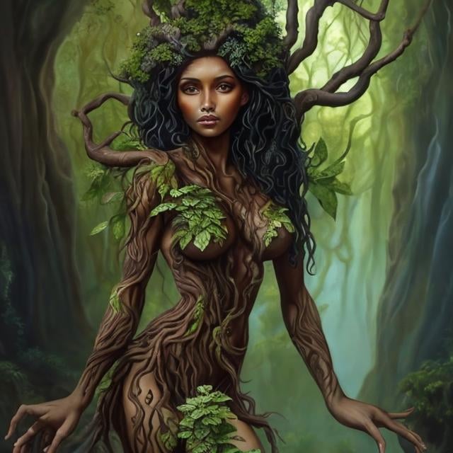 Prompt: A full body fantasy painting of a romantic and beautiful dryad with tan skin and black hair wearing dark green robes